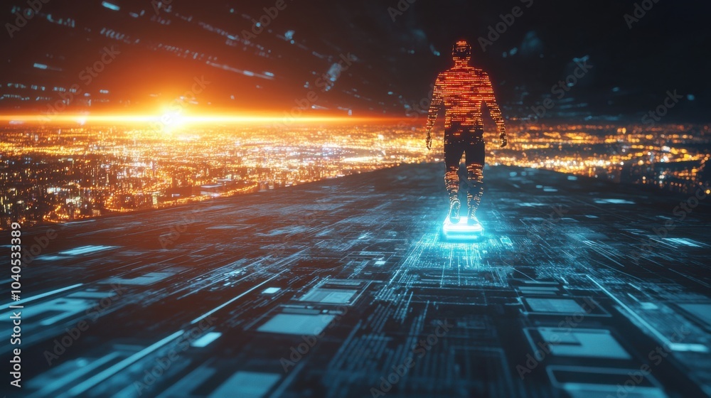 Poster a dynamic image of a person navigating a futuristic digital landscape on a hoverboard made of glowin