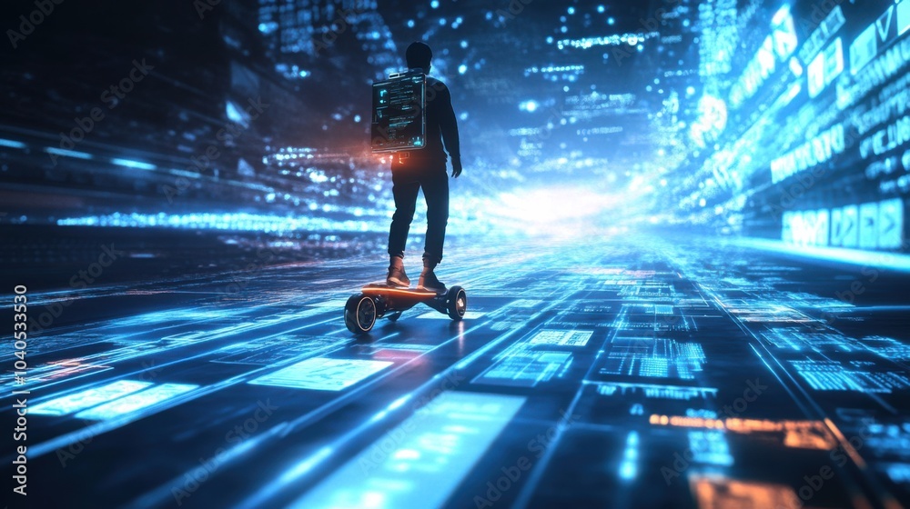 Poster a dynamic image of a person navigating a futuristic digital landscape on a hoverboard made of glowin