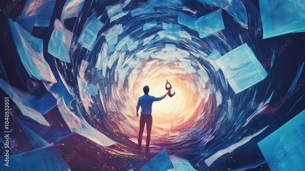 Poster a dynamic image of a person navigating through a swirling vortex of floating digital documents and n