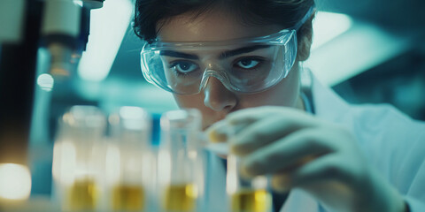 A scientist carefully pipetting liquid into test tubes, wearing protective goggles and working in a sterile laboratory