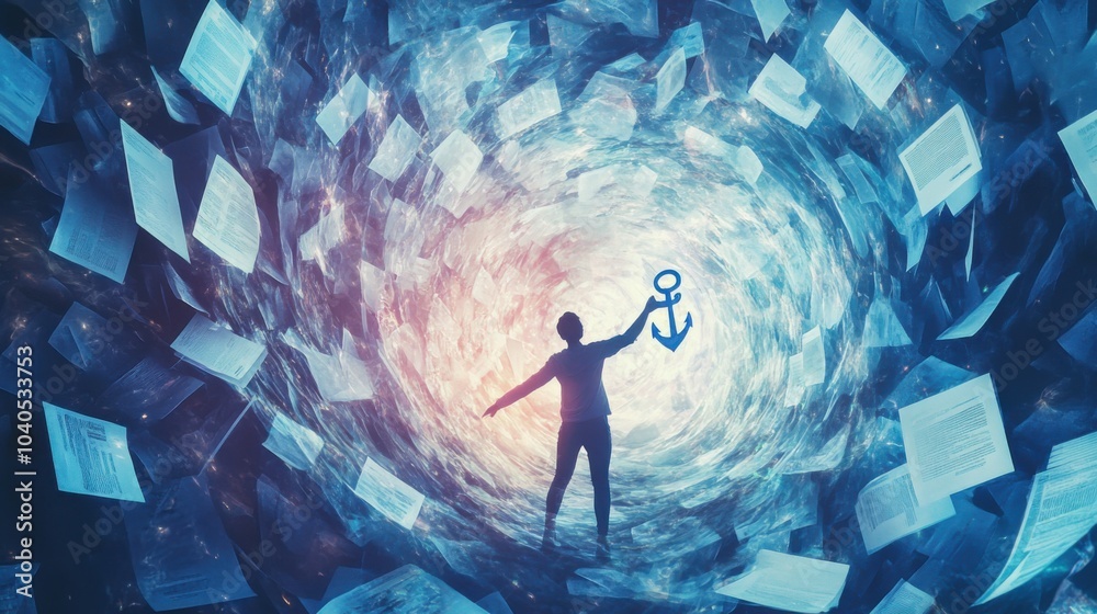 Aufkleber A dynamic image of a person navigating through a swirling vortex of floating digital documents and notifications while holding onto a glowing anchor