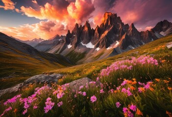 Obraz premium stunning vibrant mountain vistas beneath dramatic cloud formations colorful natural landscape, adventure, altitude, background, breathtaking, camera, clouds