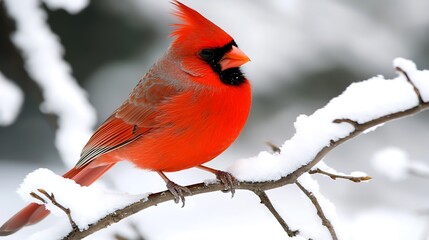 A close-up of a vibrant red cardinal perched on a snow-covered branch, its feathers bright against the winter landscape