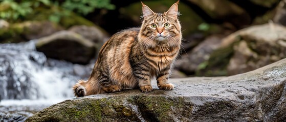 Naklejka premium A majestic cat sits on a rock near a flowing stream, surrounded by lush greenery, embodying a serene moment in nature.