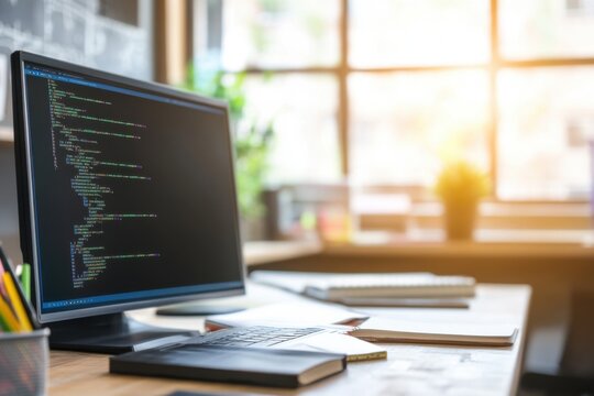 Modern Workspace with Computer Coding on Screen