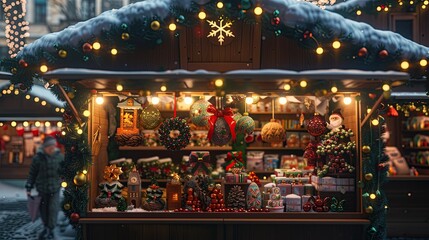 A Christmas market stall selling handmade ornaments, wreaths, and holiday treats, illuminated by string lights