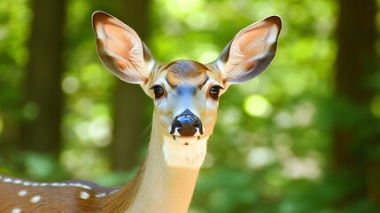A close-up of a white-tailed deer standing alert in a forest clearing, its ears perked up