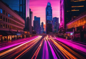 Fototapeta premium stunning vibrant cityscape dusk capturing light trails vehicles colorful sky glowing buildings urban energy, architecture, illumination, lights, skyline