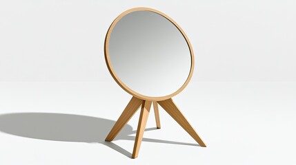 Fototapeta premium The standing mirror features wooden legs and a smooth oval frame, adding a stylish touch to the minimalist space around it