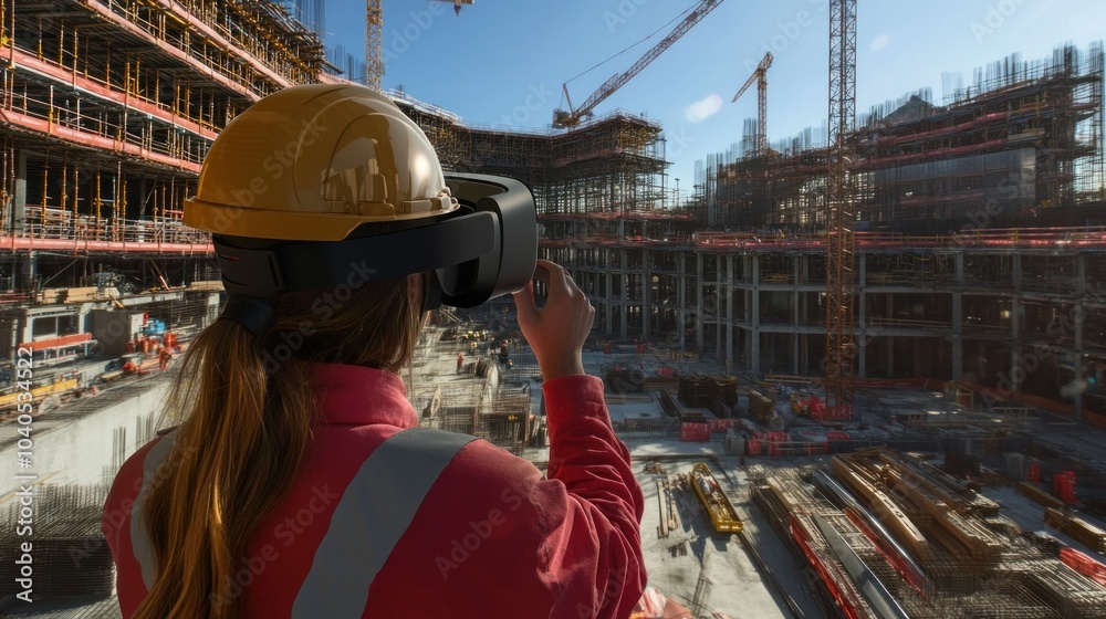 Poster construction worker using vr headset on building site