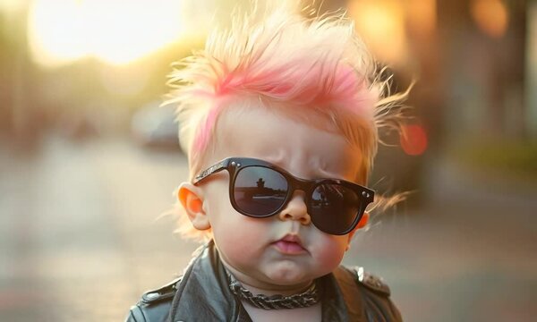 A stylish baby with pink mohawk and sunglasses in a leather jacket.