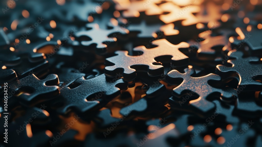 Poster a dynamic portrayal of a jigsaw puzzle being assembled, with pieces gradually falling into place, sy