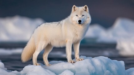 Obraz premium The white wolf gazes intently from its icy perch, illuminated by the full moon, creating a captivating winter atmosphere