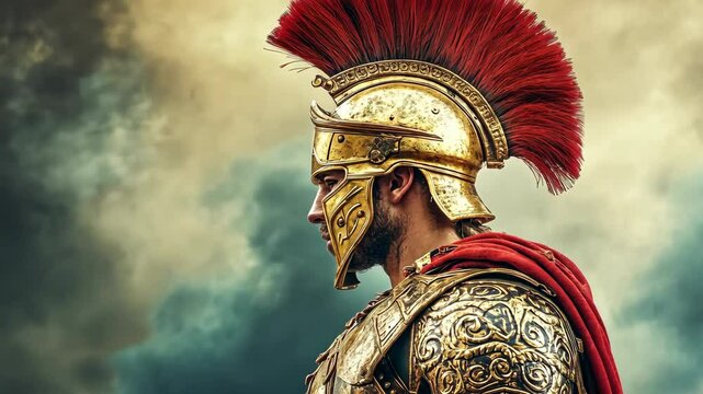 A Roman soldier in full armor stands against a dramatic sky