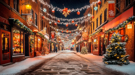 Fototapeta premium City street illuminated for Christmas eve, winter scene
