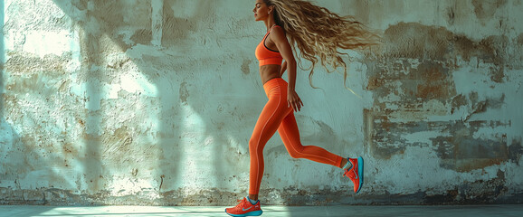 Woman in athletic is jumping against the background of an old white wall, in a side view. Crossfit and fitness