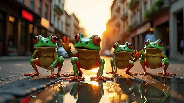 Four colorful frogs posing on a street at sunset, exuding fun and charm.