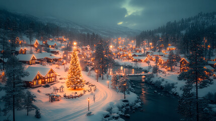 Fototapeta premium Small town decorated and lit for Christmas