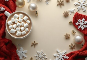 Fototapeta premium Warm cup of hot chocolate with marshmallows surrounded by festive decorations during winter