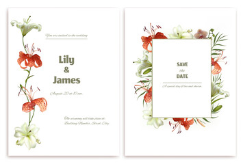 Tiger lily. Wedding invitation. Floral background. Square frame decorated with tropical flowers. Green palm leaves. Orchid. Exotic.