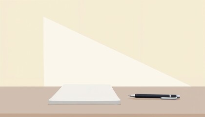 Minimalist desk setup with notepad and pen against geometric background with copy space