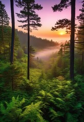 Obraz premium breathtaking sunrise over misty forest landscape illuminating bright green foliage soft colorful skies, dawn, morning, light, illumination, daybreak, fog