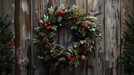 Fototapeta premium A Christmas wreath made of evergreen branches, pinecones, and red berries hanging on a rustic wooden door