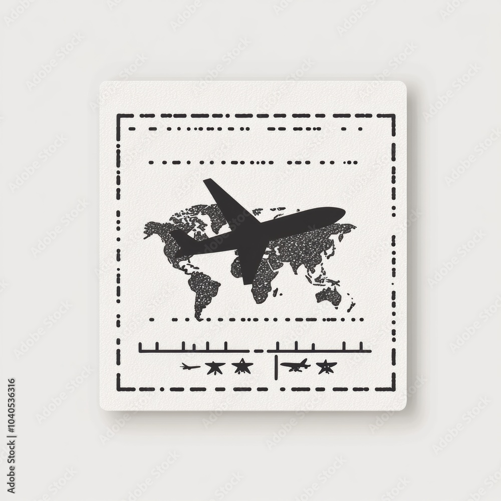 Poster a passport stamp shadow featuring an airplane flies over a world map, symbolizing the excitement of 