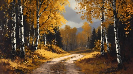 Obraz premium Dense fog in an autumn forest, with golden leaves and soft light filtering through the trees, creating a serene and peaceful mood.