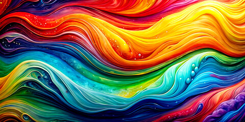 Abstract marbled acrylic paint ink painted waves painting texture colorful background banner - Bold colors, rainbow color swirls wave