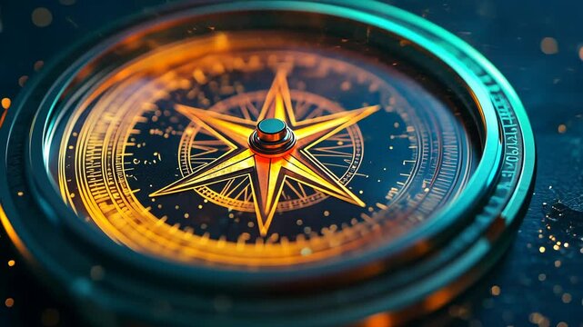 A close-up of a compass needle pointing north with a warm glow