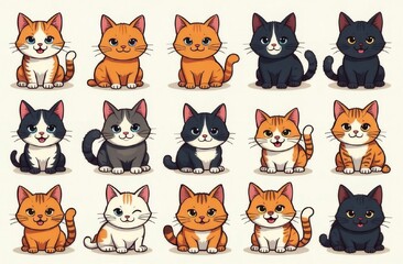 colorful set of 15 funny fat cat stickers, different emotion