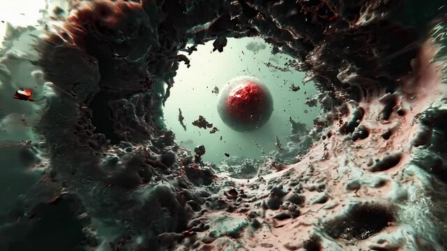 An abstract scene featuring a central floating sphere surrounded by chaotic, organic textures and debris. The swirling structure appears to disintegrate, with fragments and particles flying in all dir