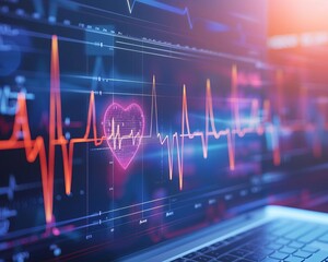 Digital heartbeat monitor with neon heart shape on a screen, representing medical technology and healthcare innovation.