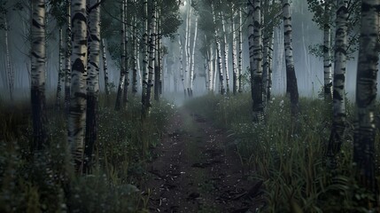 Obraz premium Dense fog in an autumn forest, with golden leaves and soft light filtering through the trees, creating a serene and peaceful mood.