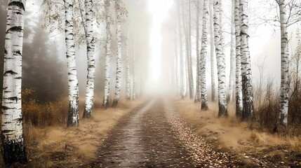 Obraz premium a fog-covered forest, creating a peaceful and mysterious atmosphere ideal for seasonal stock imagery.