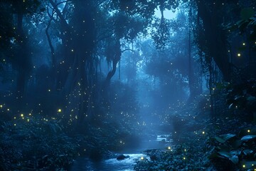 Obraz premium A dense forest that glows with bioluminescent plants and bioluminescent fireflies.