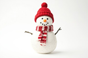 A cheerful snowman dressed in a red hat and scarf stands against a white background during winter festivities