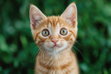 Small orange kitten on green field