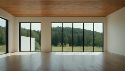 Obraz premium Wooden parquet floors and large glass windows illuminate an empty loft apartment with a view