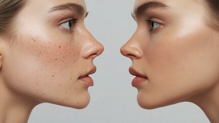 Obraz premium Woman's Face with Acne Scars and Smooth Skin Comparison