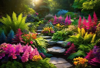 Fototapeta premium vibrant garden layout featuring lush plant arrangements various colors textures create stunning outdoor space, blooms, bush, catalpa, community, cultivation