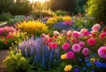 Obraz premium vibrant display colorful seasonal flowers nestled freshly mulched garden beds burst beauty, blooms, petals, colors, landscape, nature, foliage, horticulture