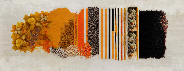 A collage of loose spices and colorful textures, dominated by orange tones
