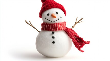 A cheerful snowman wearing a red hat and scarf stands in a bright indoor setting