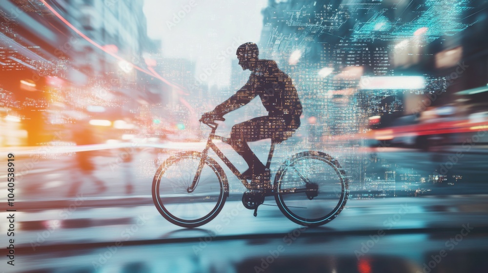 Poster A dynamic scene of a person riding a bicycle made of interconnected circuit boards, symbolizing the integration of technology into daily life and transportation, Urban landscape