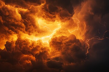 Golden orange storm clouds surge and rage with fiery light as a storm brews, illustrating the fierce and unpredictable power of nature in stunning display.