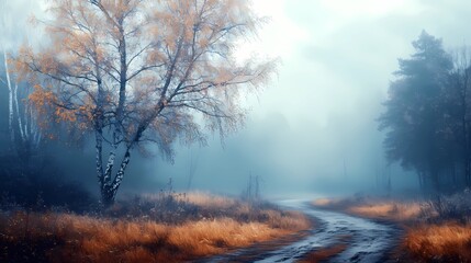 Naklejka premium a fog-covered forest, creating a peaceful and mysterious atmosphere ideal for seasonal stock imagery.