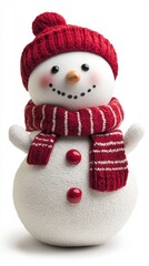 Fototapeta premium A cheerful snowman wearing a red hat and scarf stands with a warm smile in a winter setting, exuding festive spirit and joy