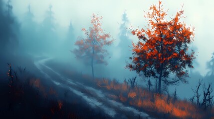  a fog-covered forest, creating a peaceful and mysterious atmosphere ideal for seasonal stock imagery.